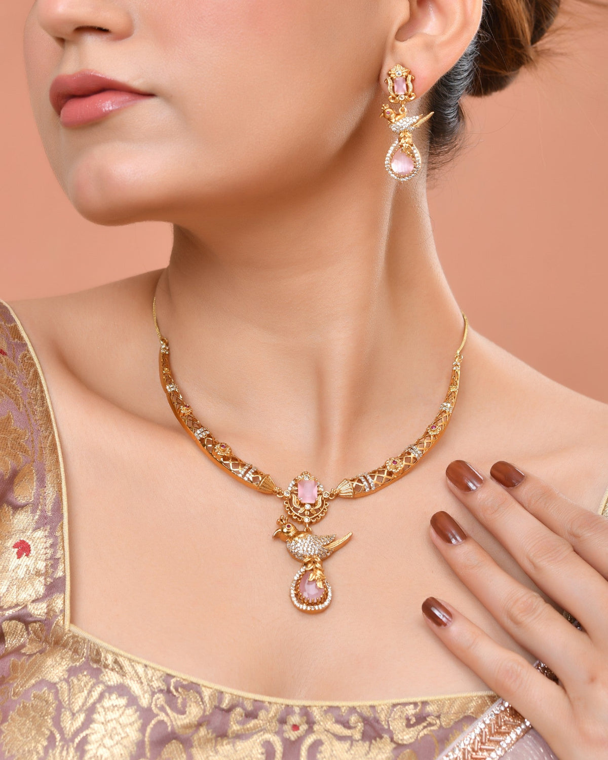 VOJ Gold Plated Bird Shaped Designer Ad Necklace Set | Grocsy