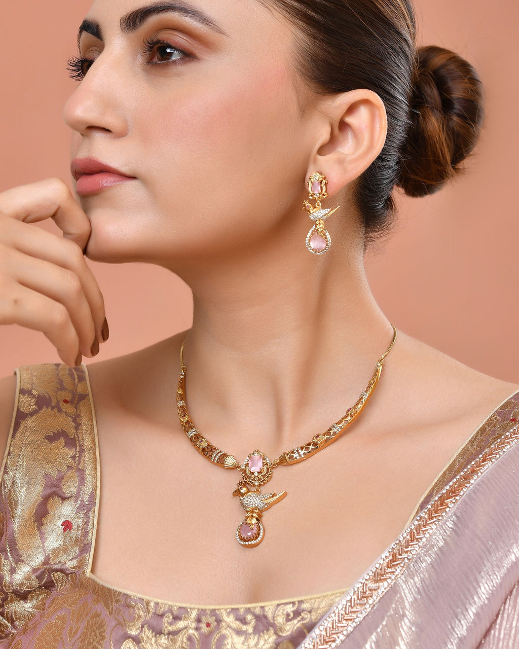 VOJ Gold Plated Bird Shaped Designer Ad Necklace Set | Grocsy