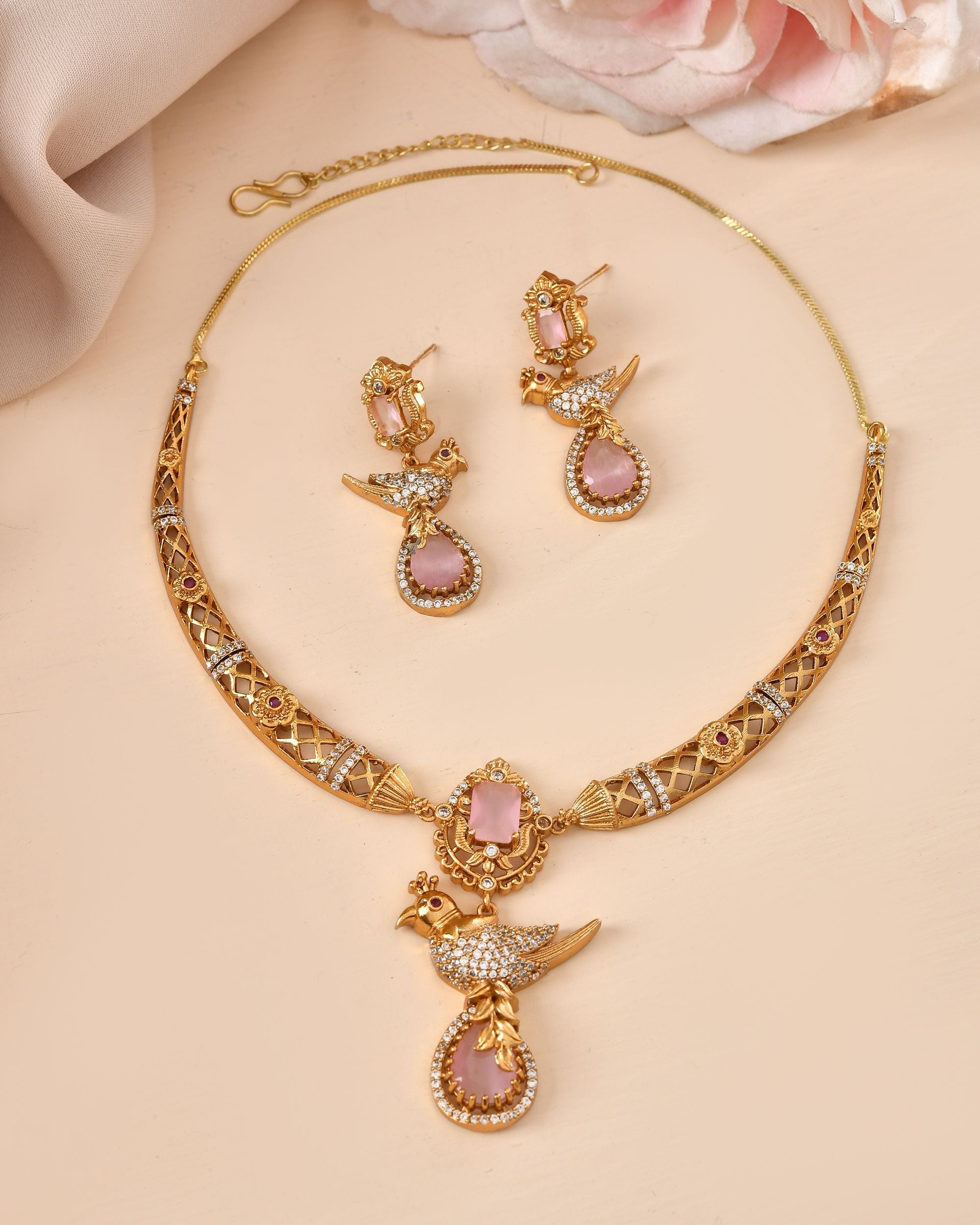 VOJ Gold Plated Bird Shaped Designer Ad Necklace Set | Grocsy