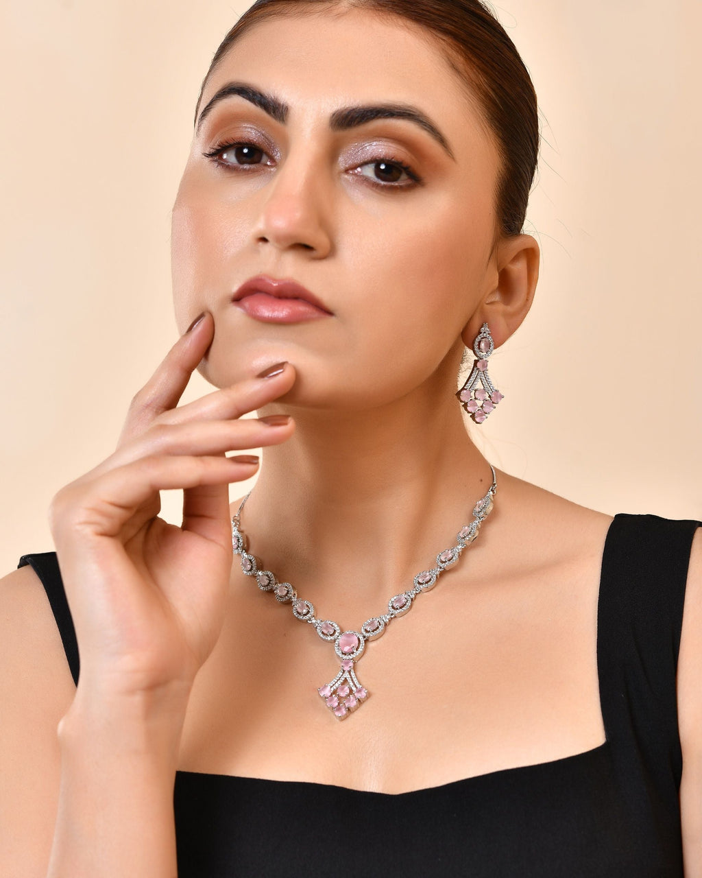 VOJ Silver Plated Baby Pink Ad Stone Studded Necklace Set | Grocsy