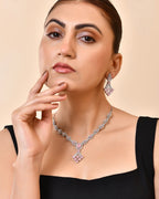 VOJ Silver Plated Baby Pink Ad Stone Studded Necklace Set | Grocsy