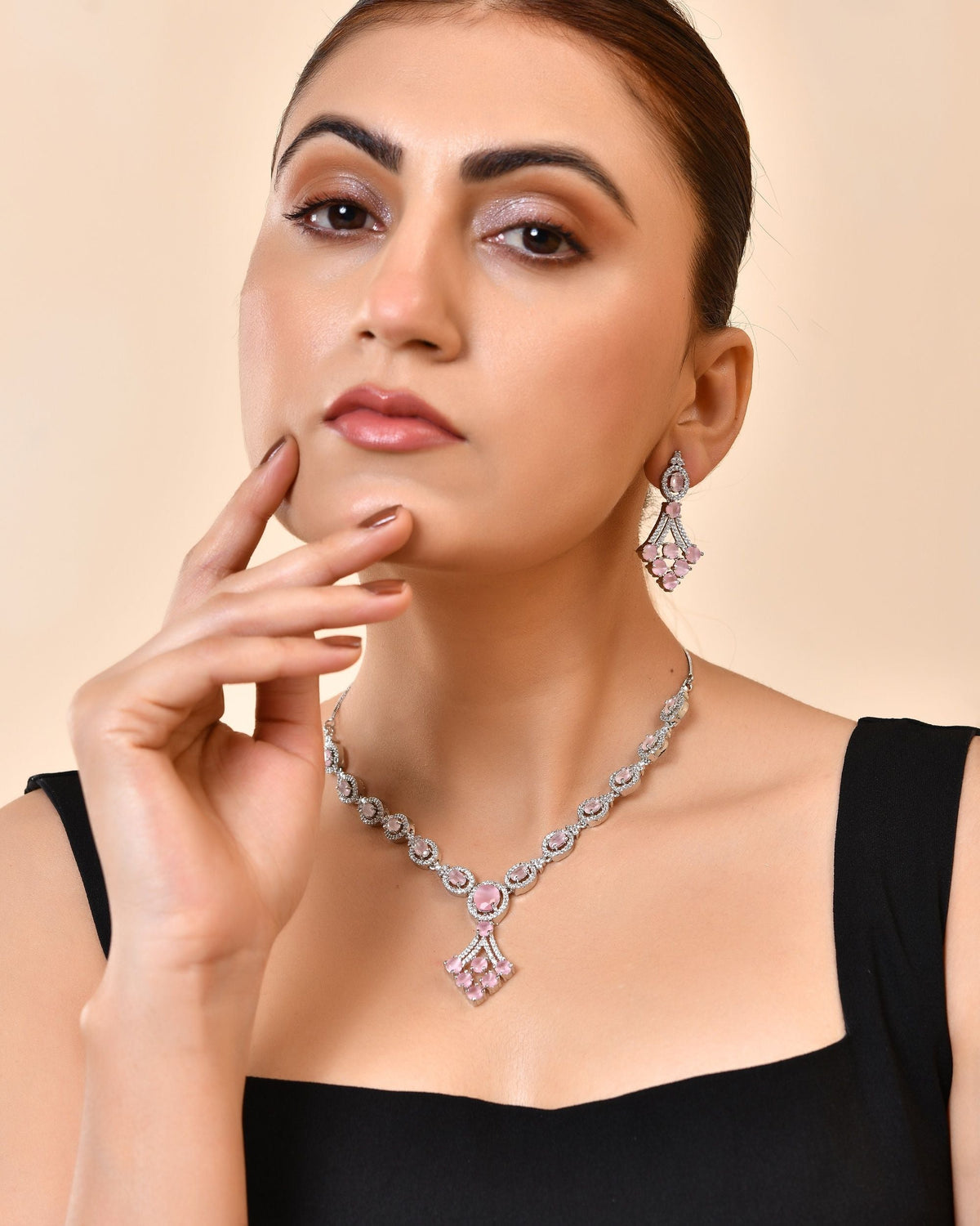 VOJ Silver Plated Baby Pink Ad Stone Studded Necklace Set | Grocsy