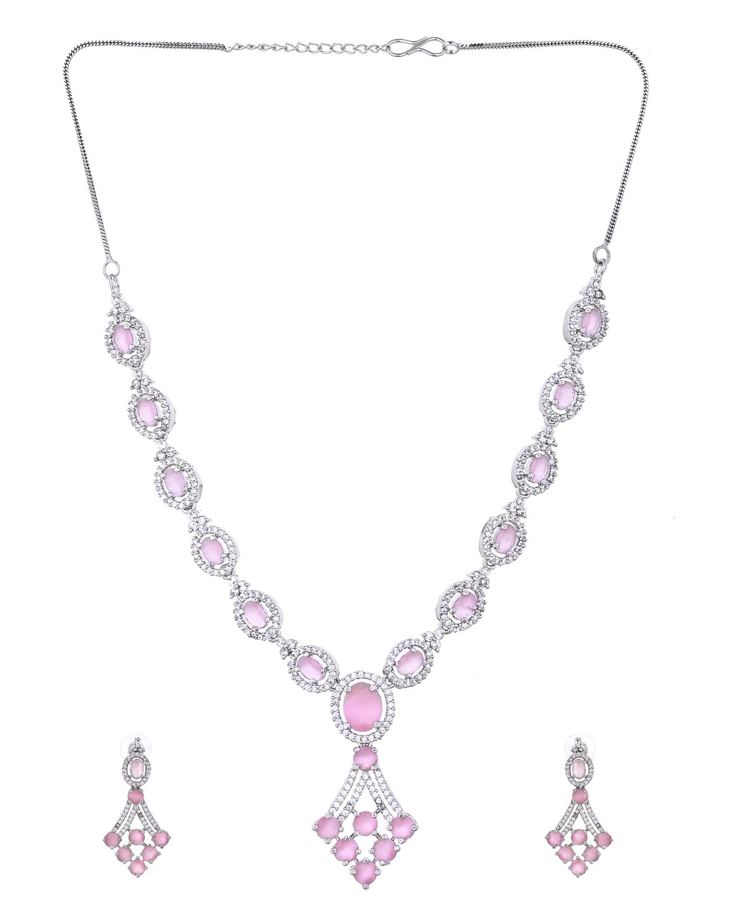 VOJ Silver Plated Baby Pink Ad Stone Studded Necklace Set | Grocsy