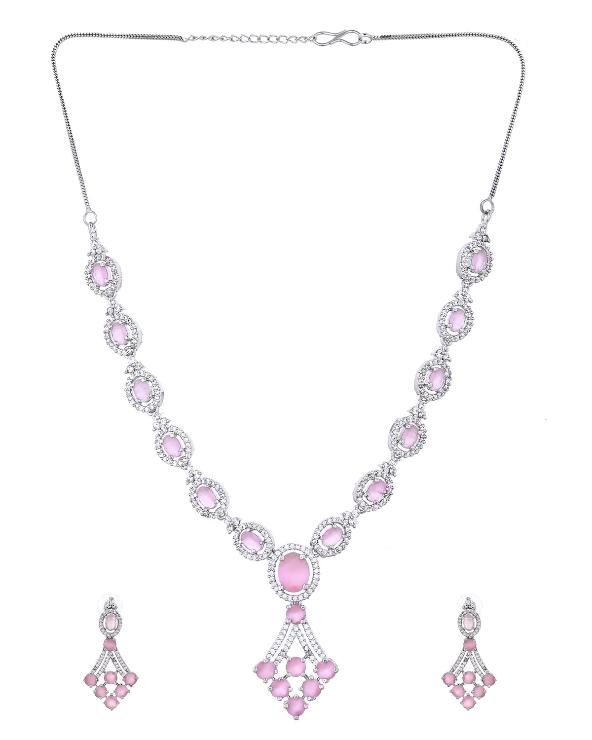 VOJ Silver Plated Baby Pink Ad Stone Studded Necklace Set | Grocsy