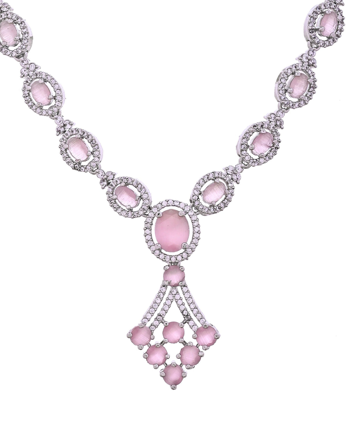 VOJ Silver Plated Baby Pink Ad Stone Studded Necklace Set | Grocsy