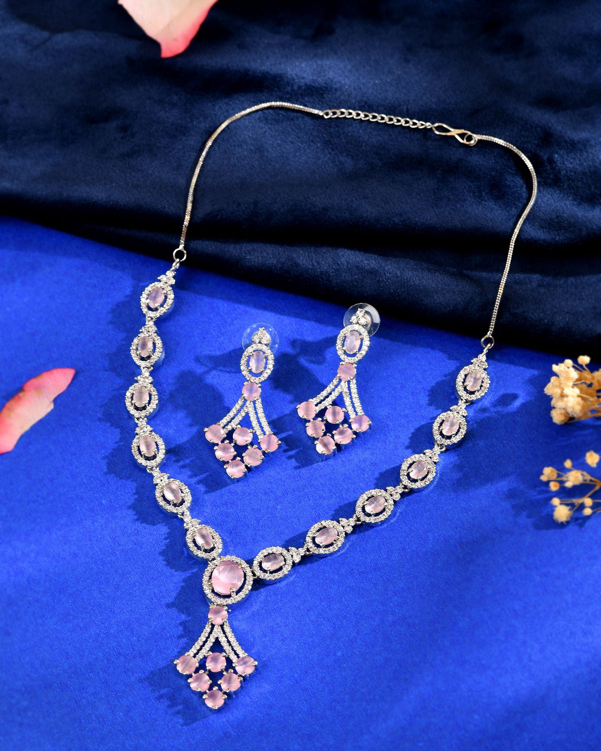 VOJ Silver Plated Baby Pink Ad Stone Studded Necklace Set | Grocsy