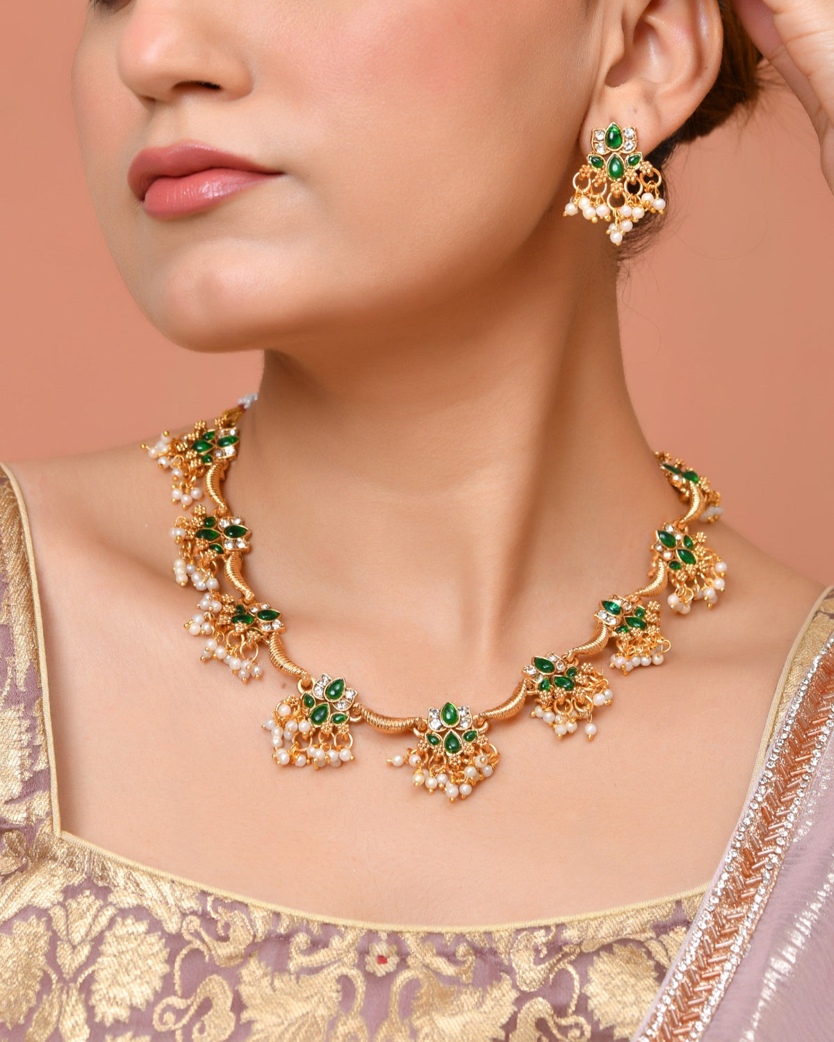 VOJ Gold Tone Green Floral Necklace Set | Grocsy