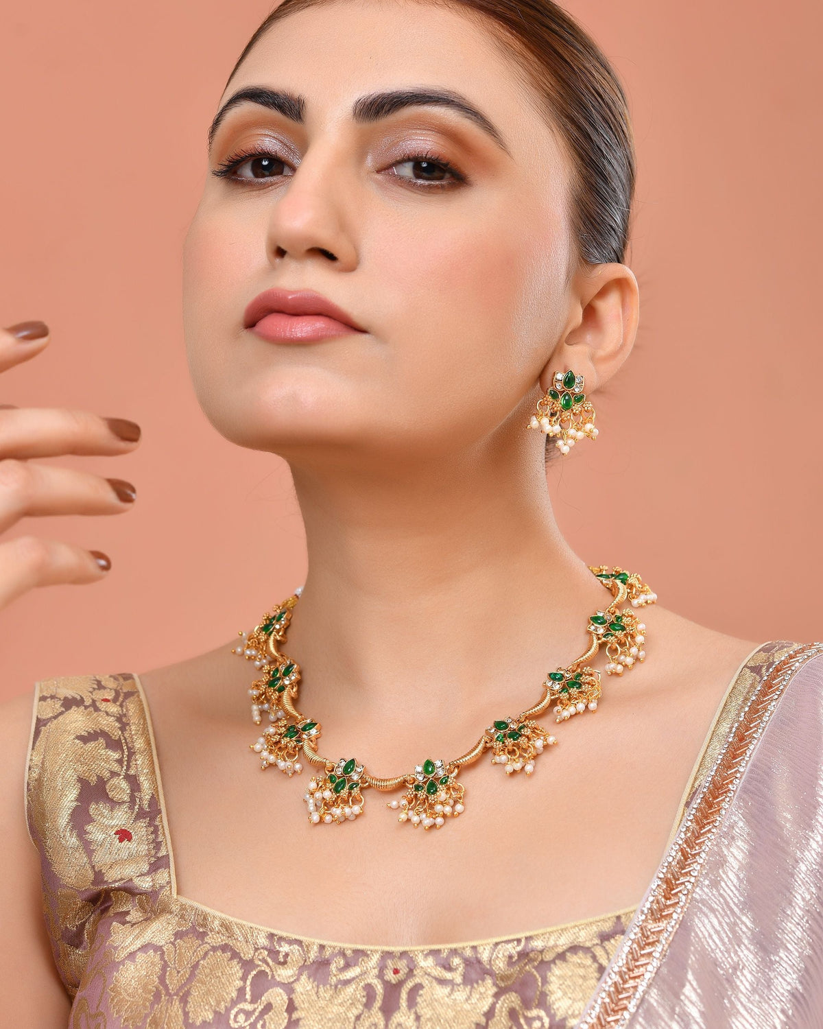 VOJ Gold Tone Green Floral Necklace Set | Grocsy