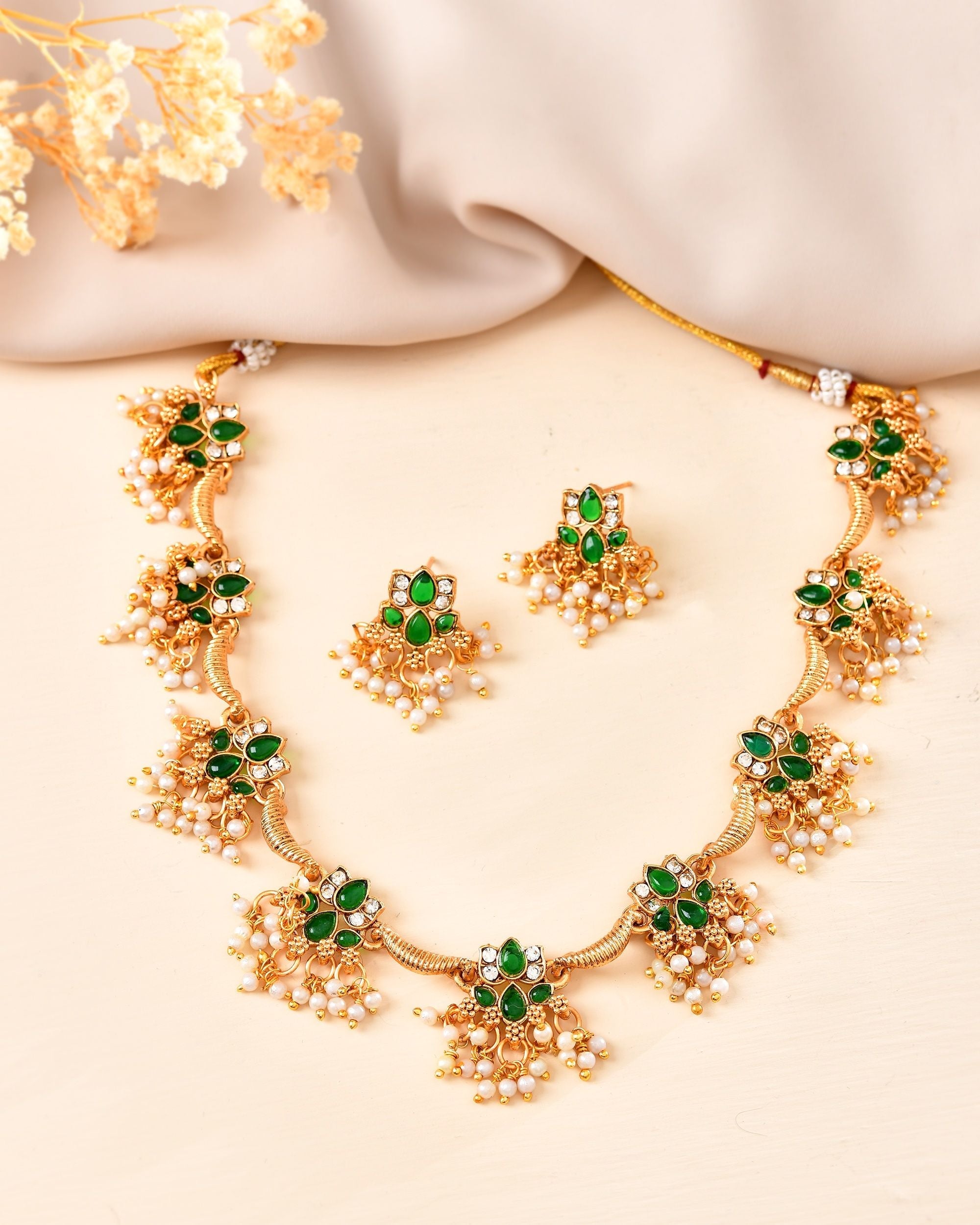 VOJ Gold Tone Green Floral Necklace Set | Grocsy