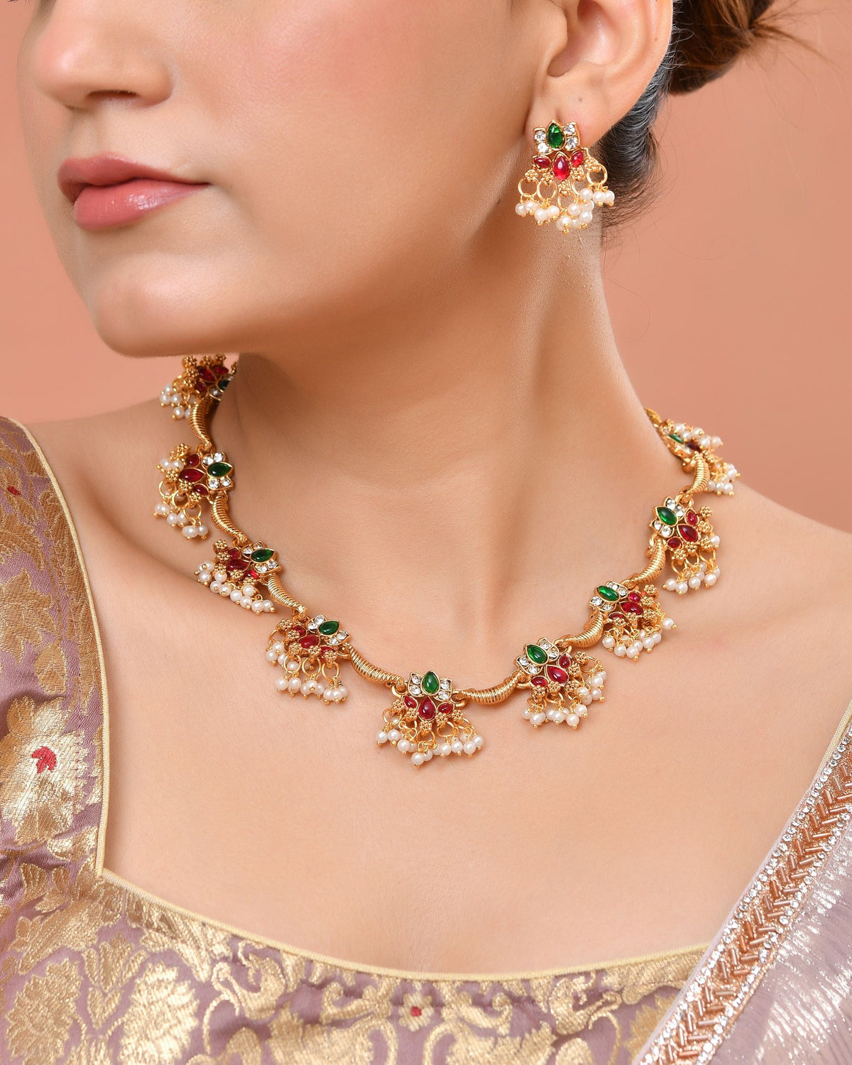 VOJ Gold Tone Multi Colour Floral Necklace Set | Grocsy
