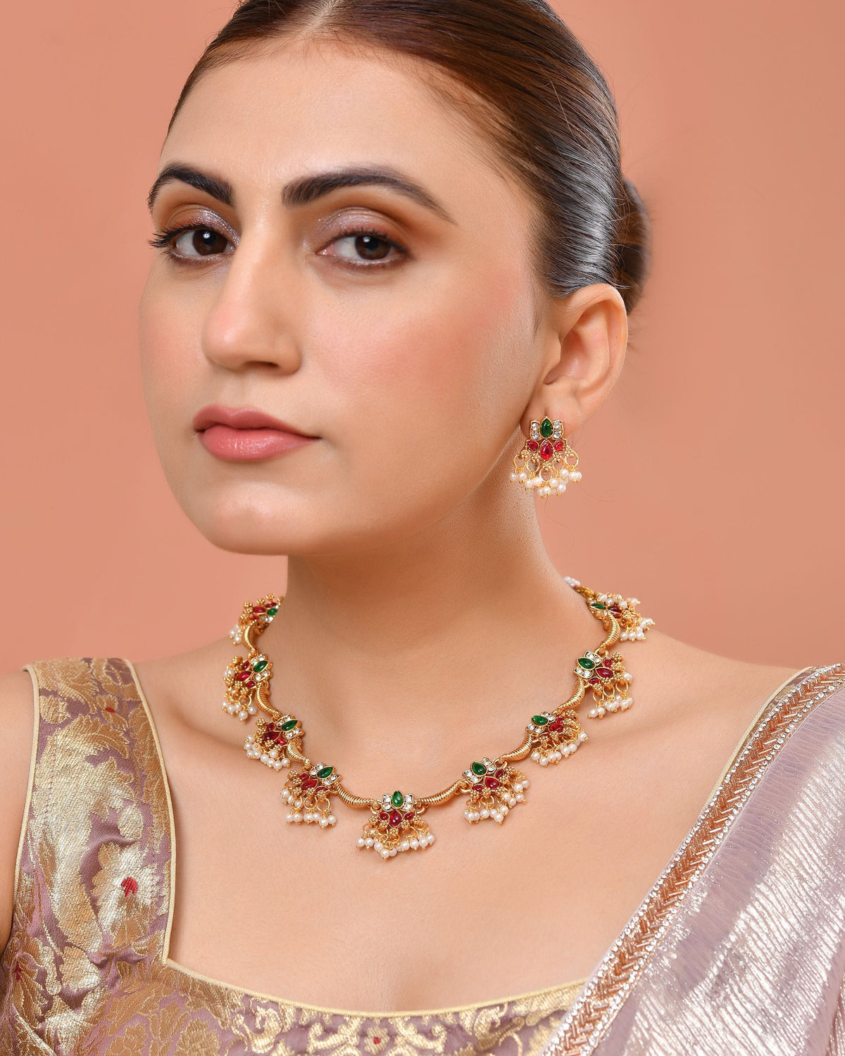 VOJ Gold Tone Multi Colour Floral Necklace Set | Grocsy