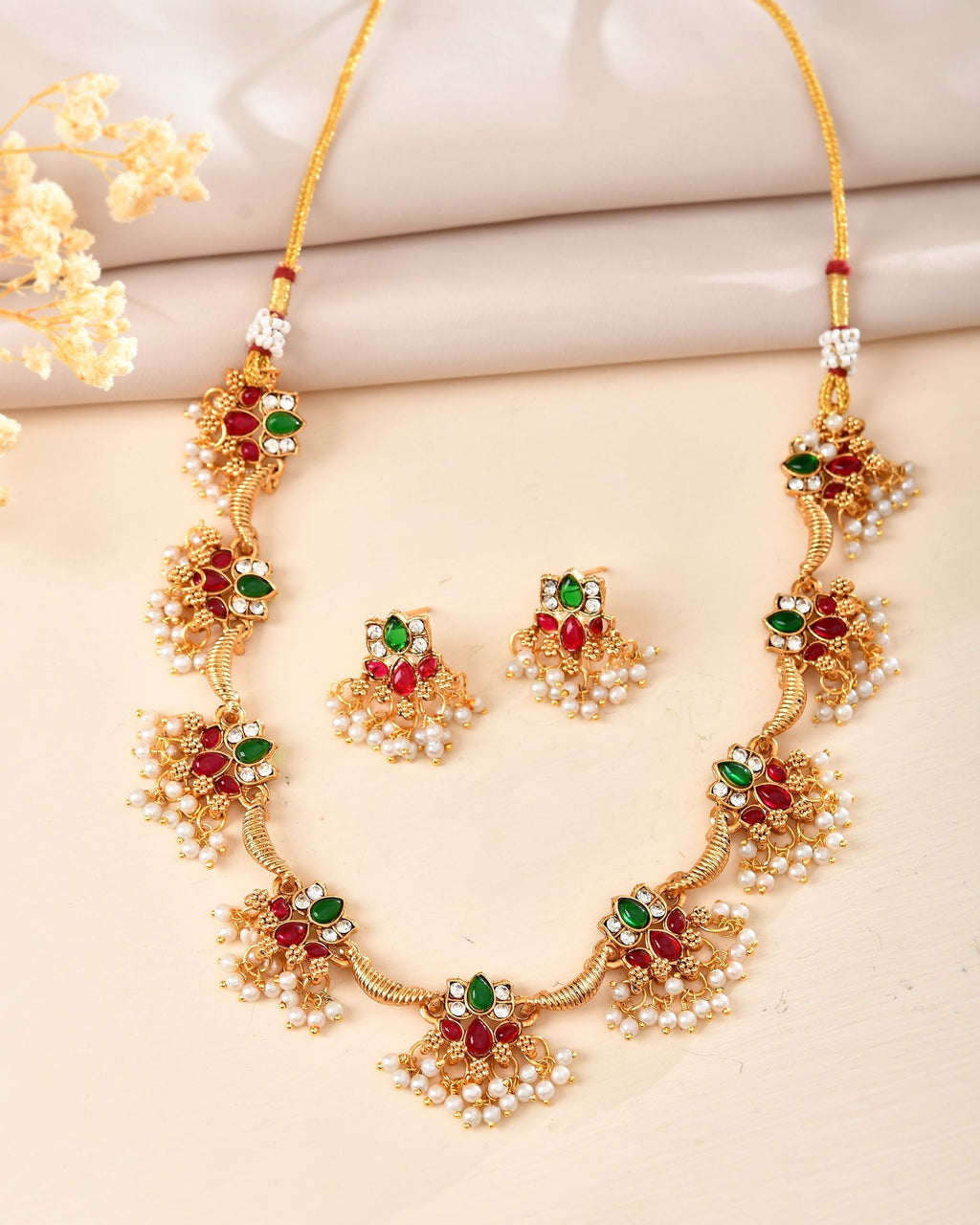 VOJ Gold Tone Multi Colour Floral Necklace Set | Grocsy