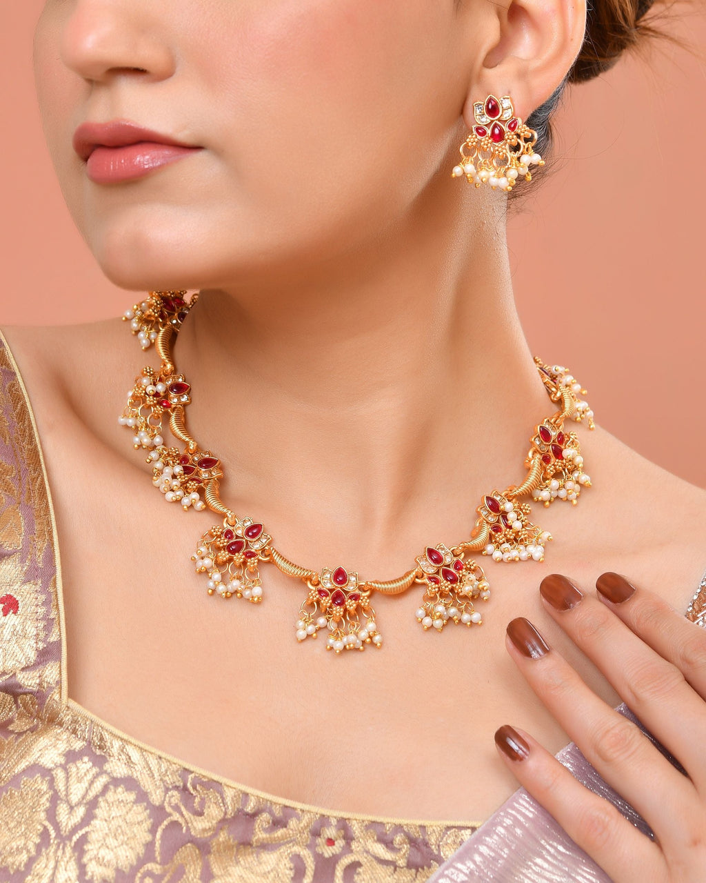 VOJ Gold Tone Ruby Red Floral Necklace Set | Grocsy