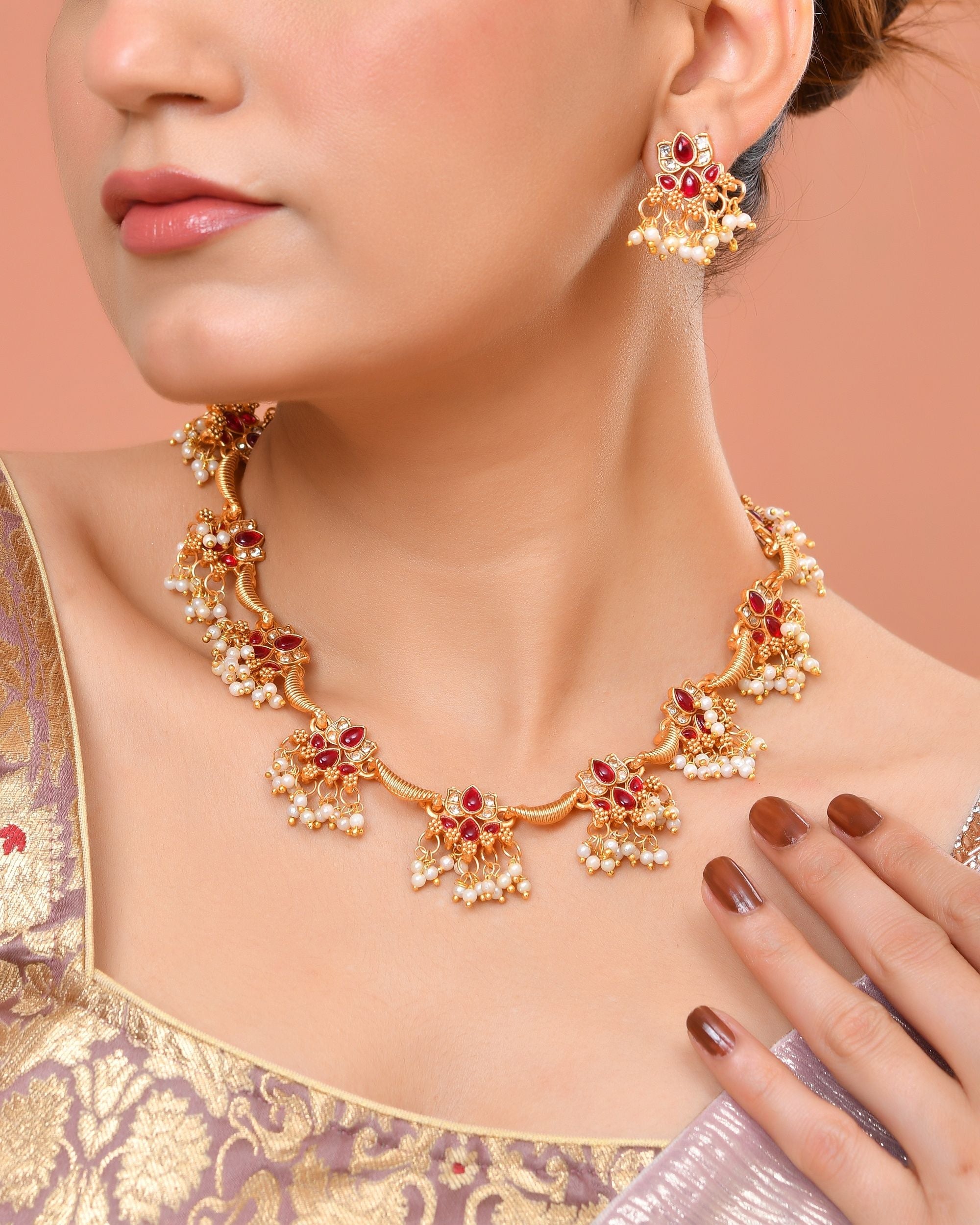 VOJ Gold Tone Ruby Red Floral Necklace Set | Grocsy