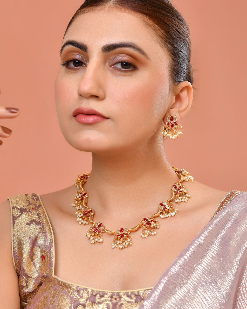 VOJ Gold Tone Ruby Red Floral Necklace Set | Grocsy