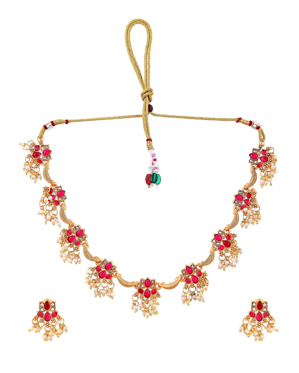 VOJ Gold Tone Ruby Red Floral Necklace Set | Grocsy
