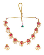 VOJ Gold Tone Ruby Red Floral Necklace Set | Grocsy