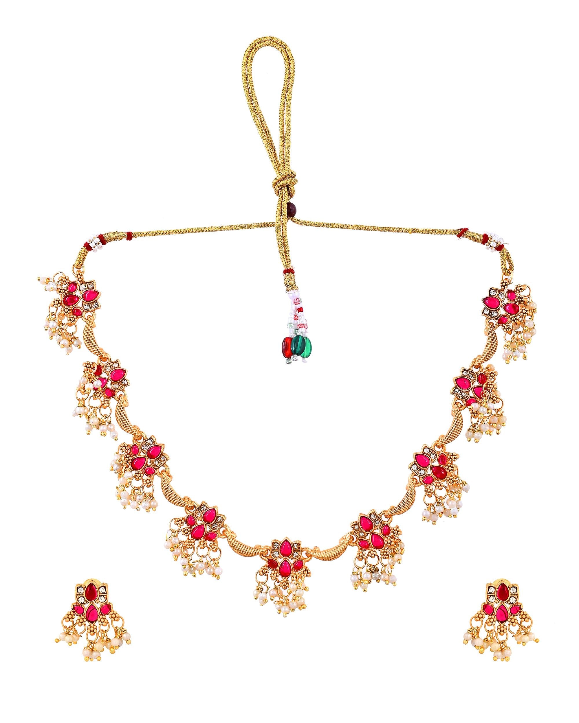 VOJ Gold Tone Ruby Red Floral Necklace Set | Grocsy