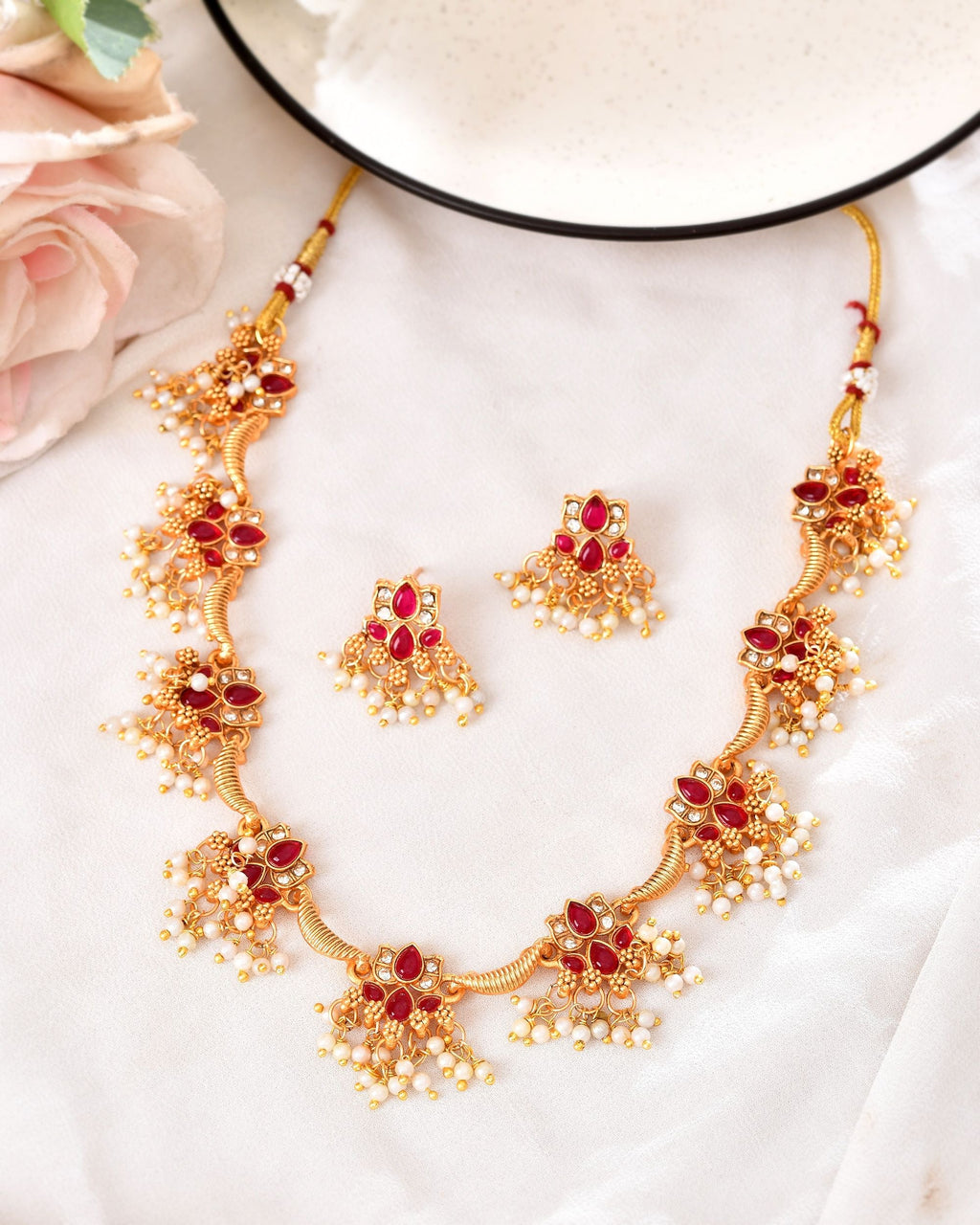 VOJ Gold Tone Ruby Red Floral Necklace Set | Grocsy