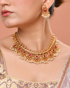 VOJ Gold Plated Ruby Red Stone Oval Jewellery Set | Grocsy