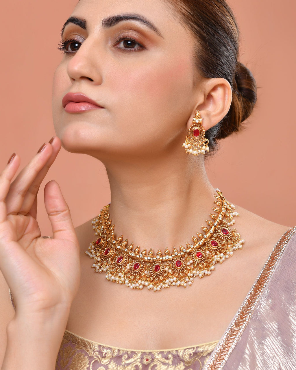 VOJ Gold Plated Ruby Red Stone Oval Jewellery Set | Grocsy