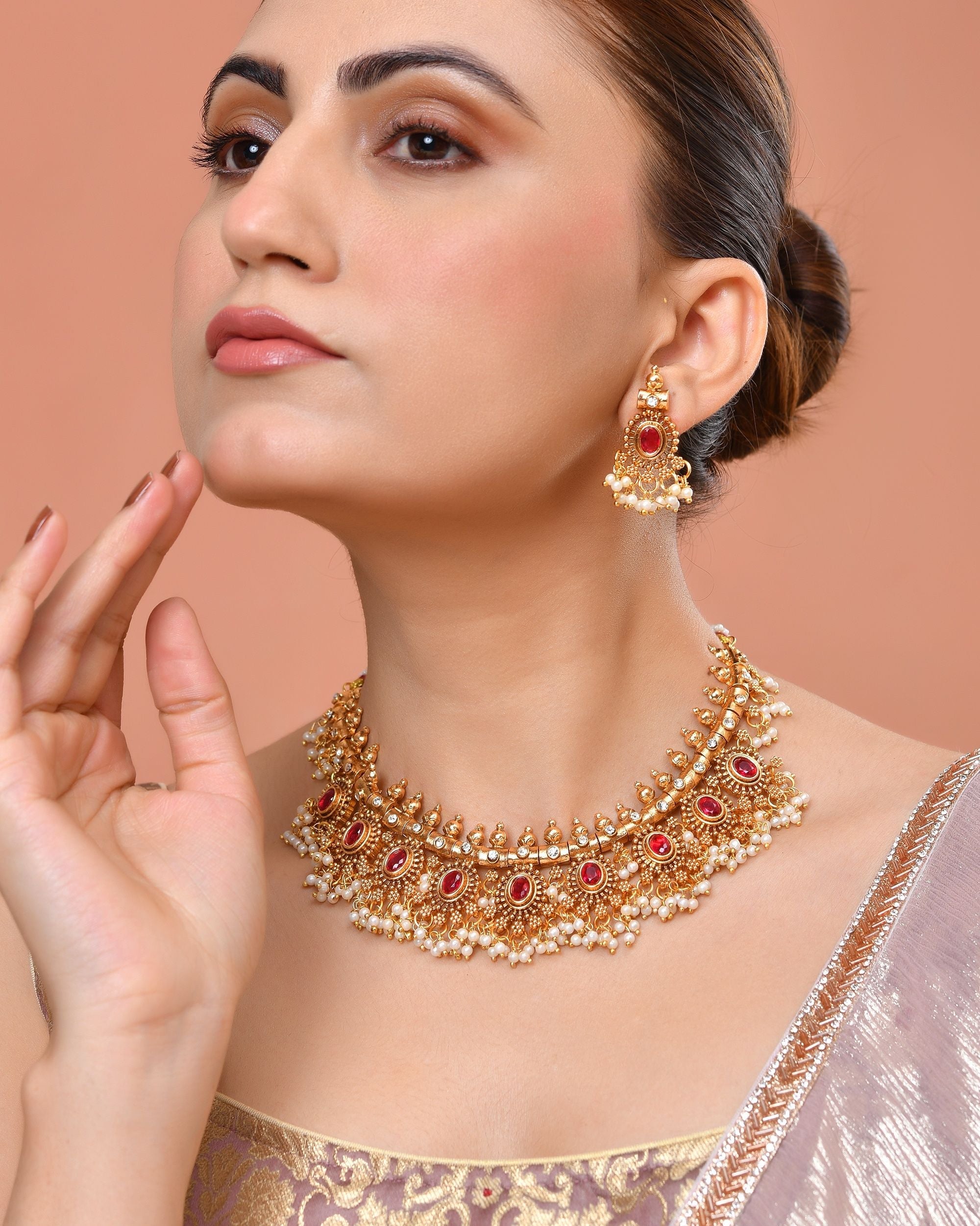 VOJ Gold Plated Ruby Red Stone Oval Jewellery Set | Grocsy