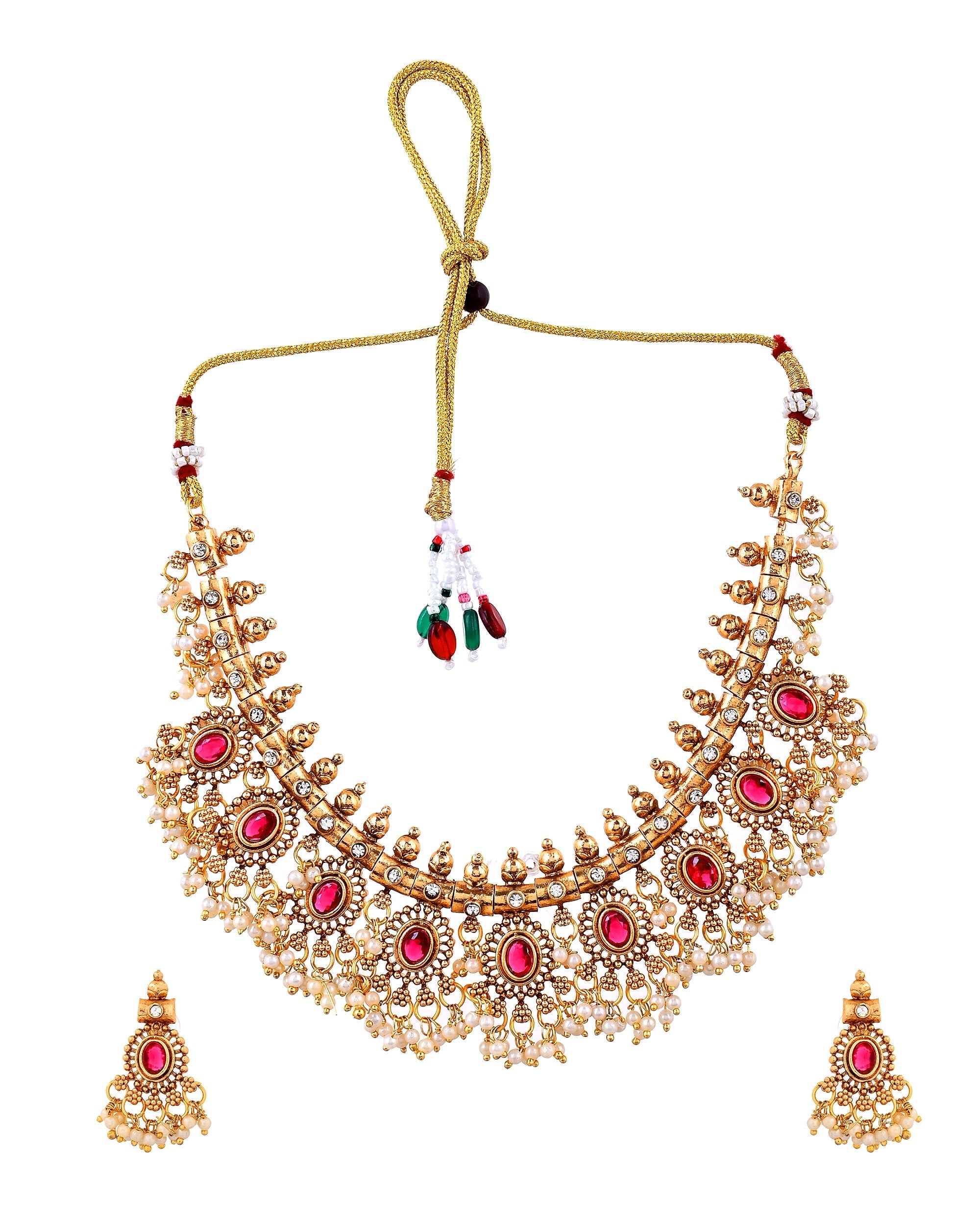 VOJ Gold Plated Ruby Red Stone Oval Jewellery Set | Grocsy