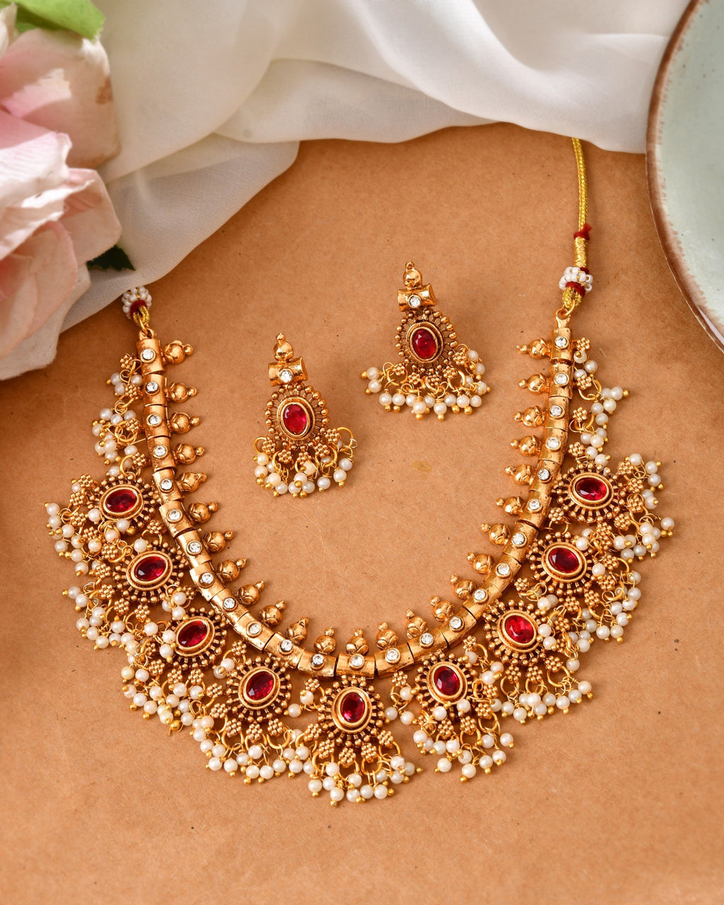 VOJ Gold Plated Ruby Red Stone Oval Jewellery Set | Grocsy