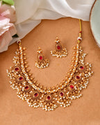 VOJ Gold Plated Ruby Red Stone Oval Jewellery Set | Grocsy