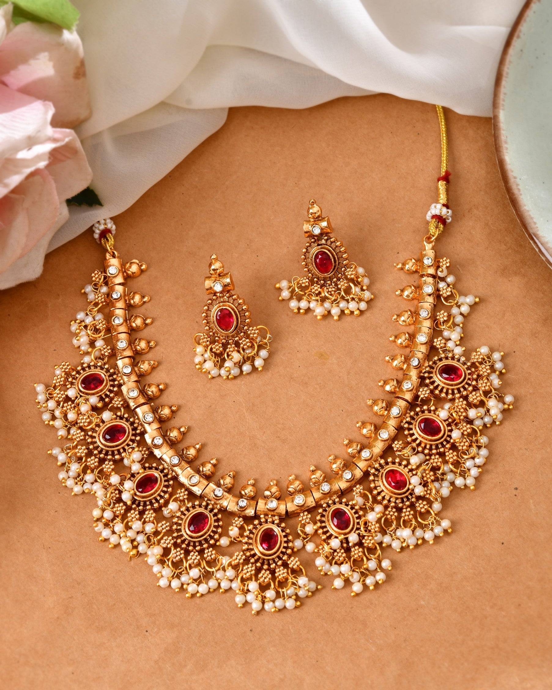 VOJ Gold Plated Ruby Red Stone Oval Jewellery Set | Grocsy