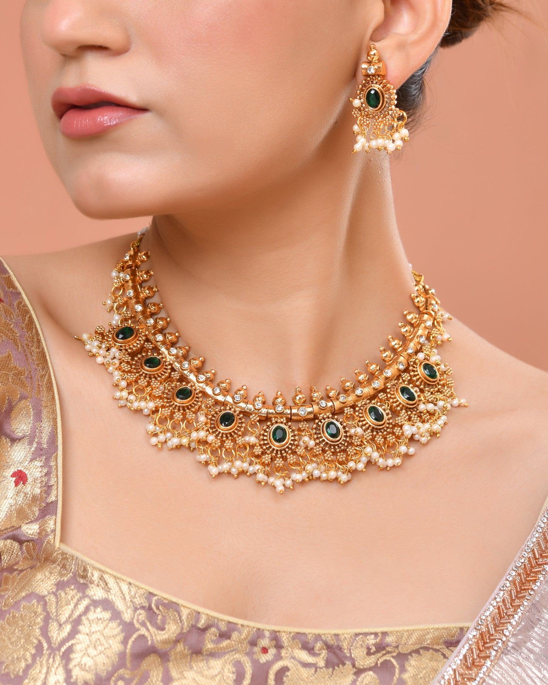VOJ Gold Plated Green Stone Oval Jewellery Set | Grocsy