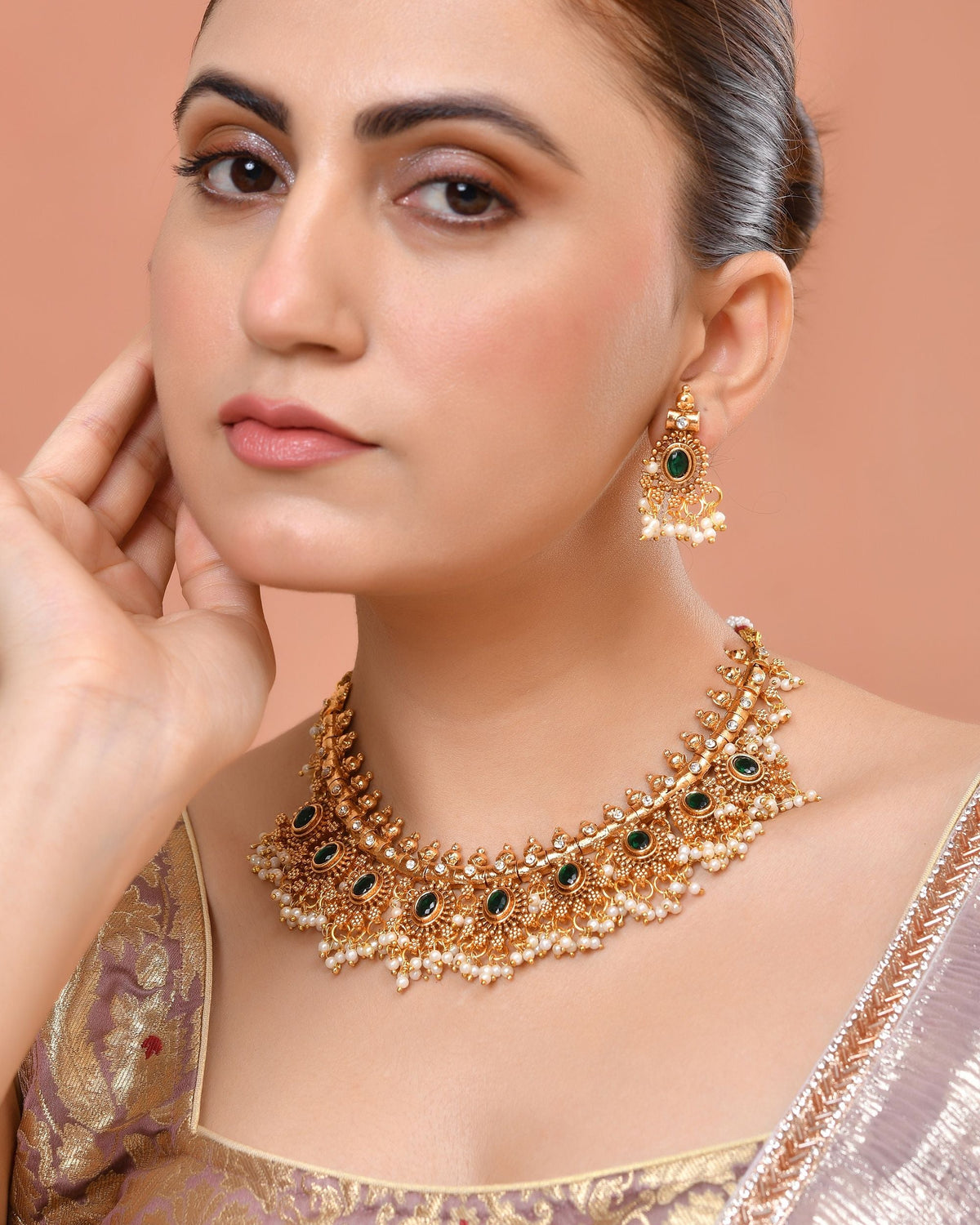VOJ Gold Plated Green Stone Oval Jewellery Set | Grocsy