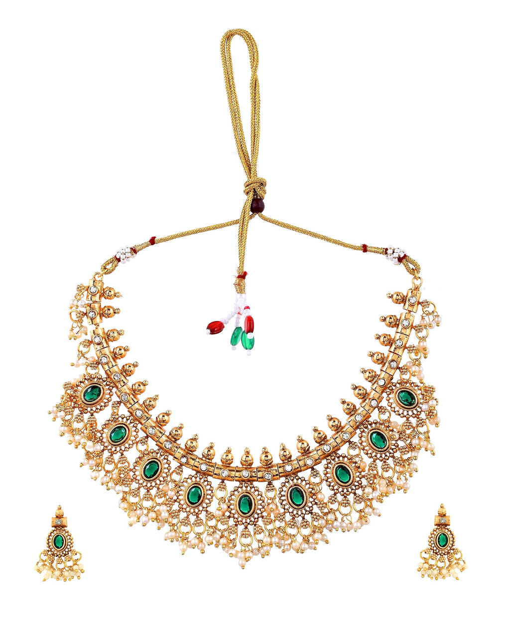 VOJ Gold Plated Green Stone Oval Jewellery Set | Grocsy