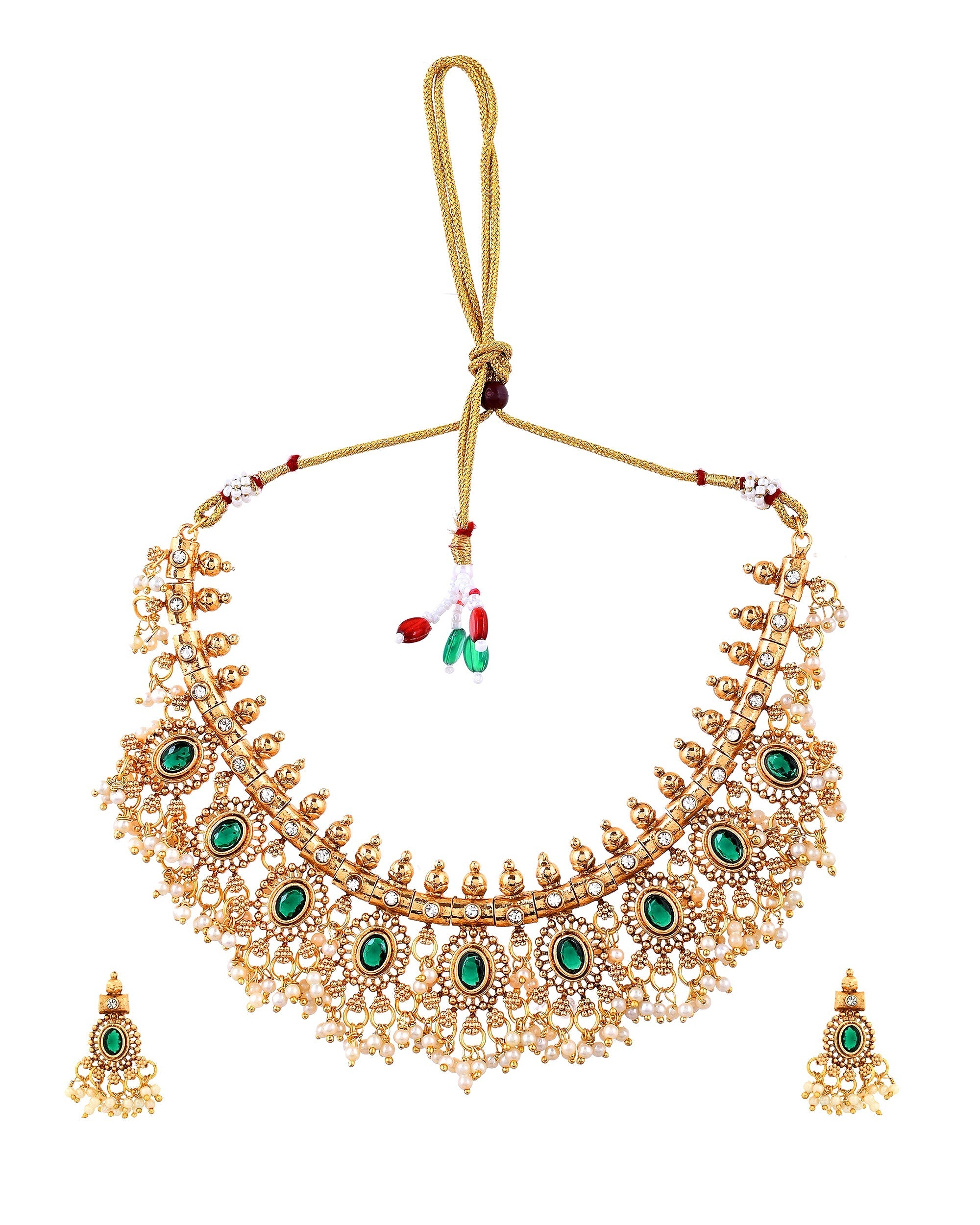 VOJ Gold Plated Green Stone Oval Jewellery Set | Grocsy