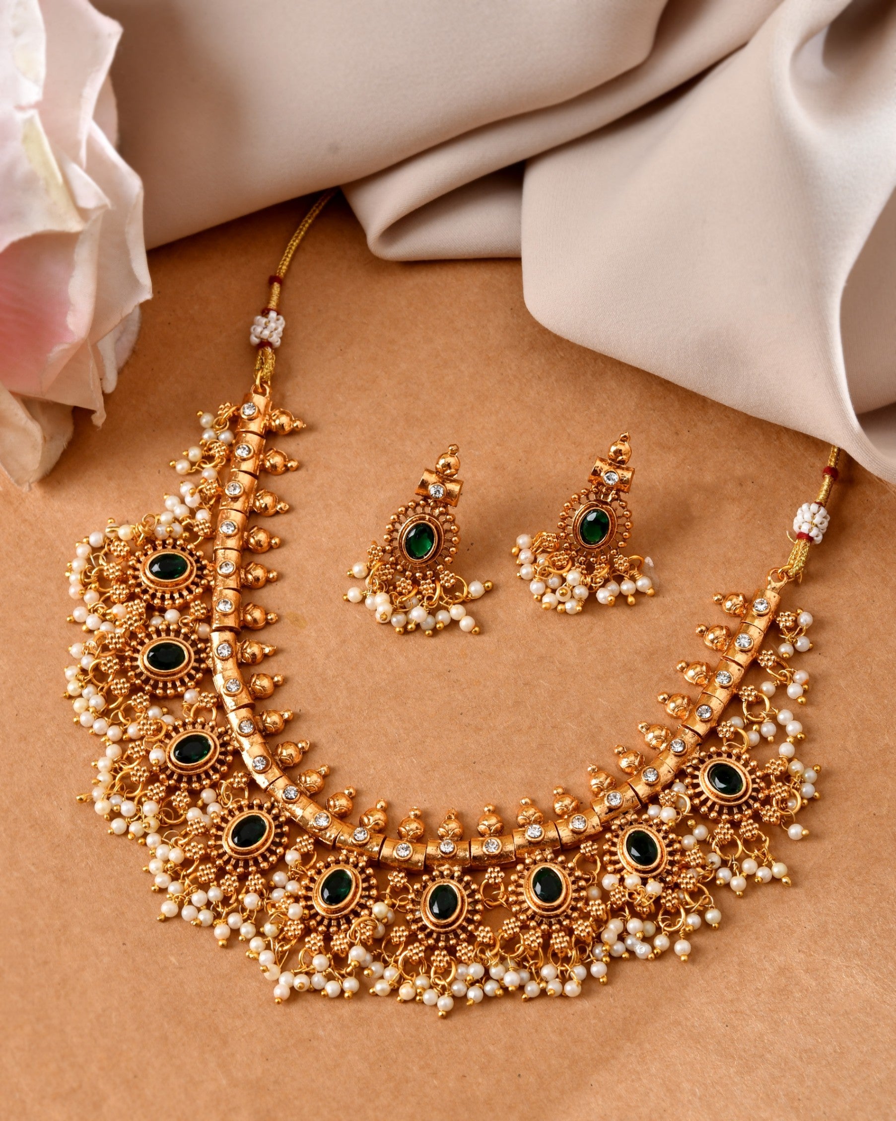 VOJ Gold Plated Green Stone Oval Jewellery Set | Grocsy