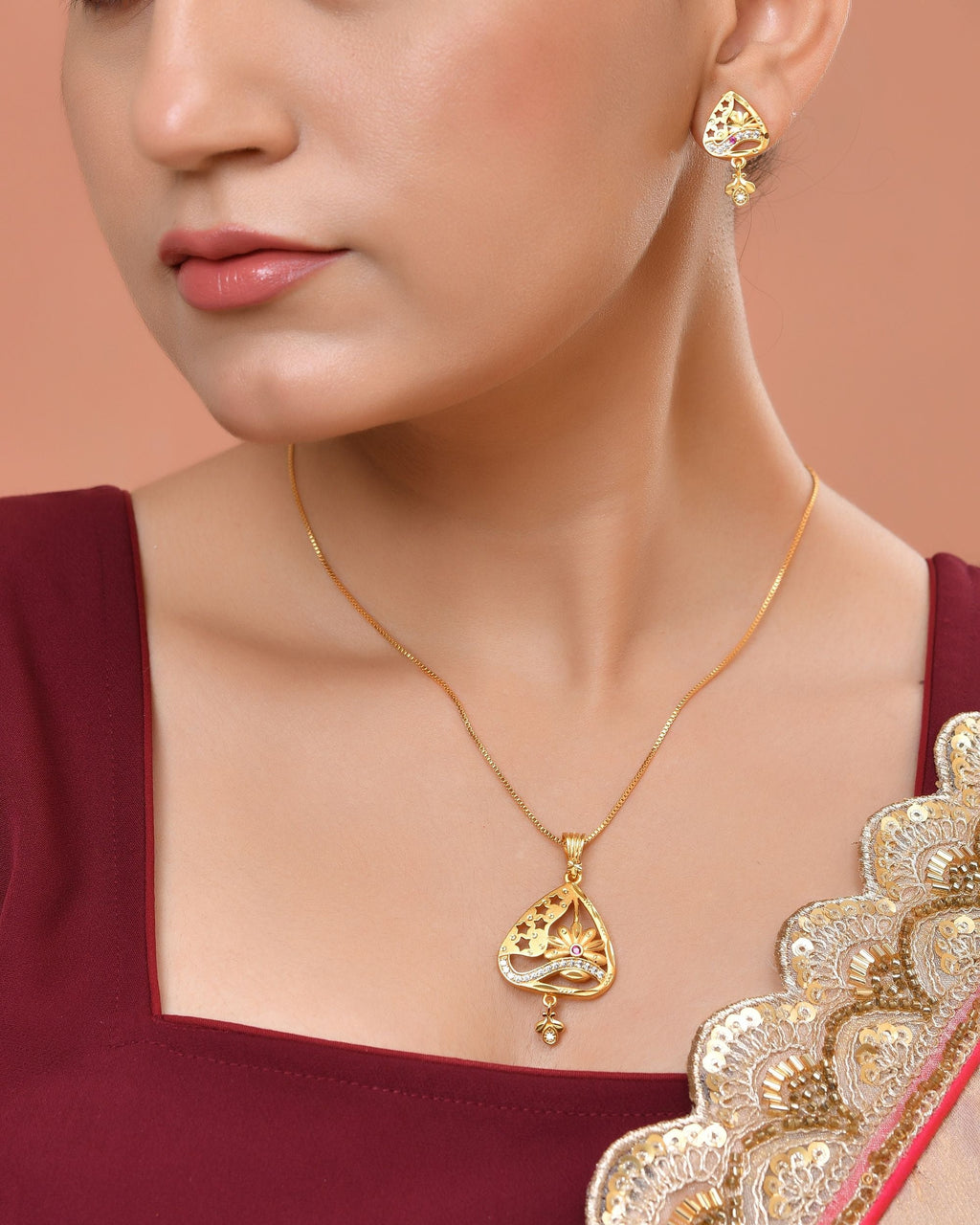 VOJ Gold Plated Floral Design Triangular Pendant With Chain And Earrings Set | Grocsy