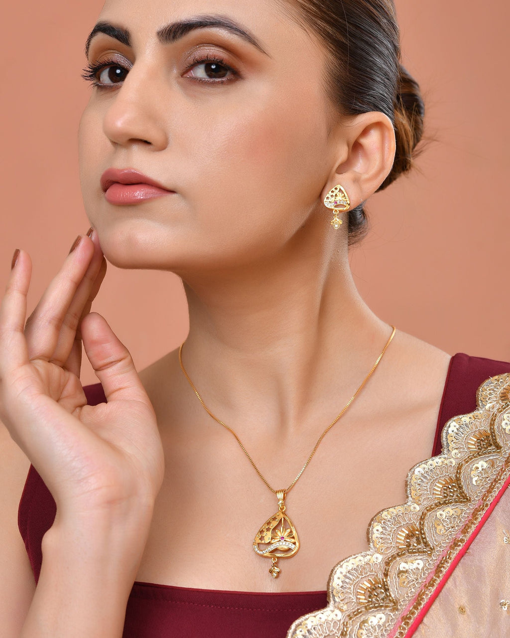 VOJ Gold Plated Floral Design Triangular Pendant With Chain And Earrings Set | Grocsy