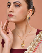 VOJ Gold Plated Floral Design Triangular Pendant With Chain And Earrings Set | Grocsy