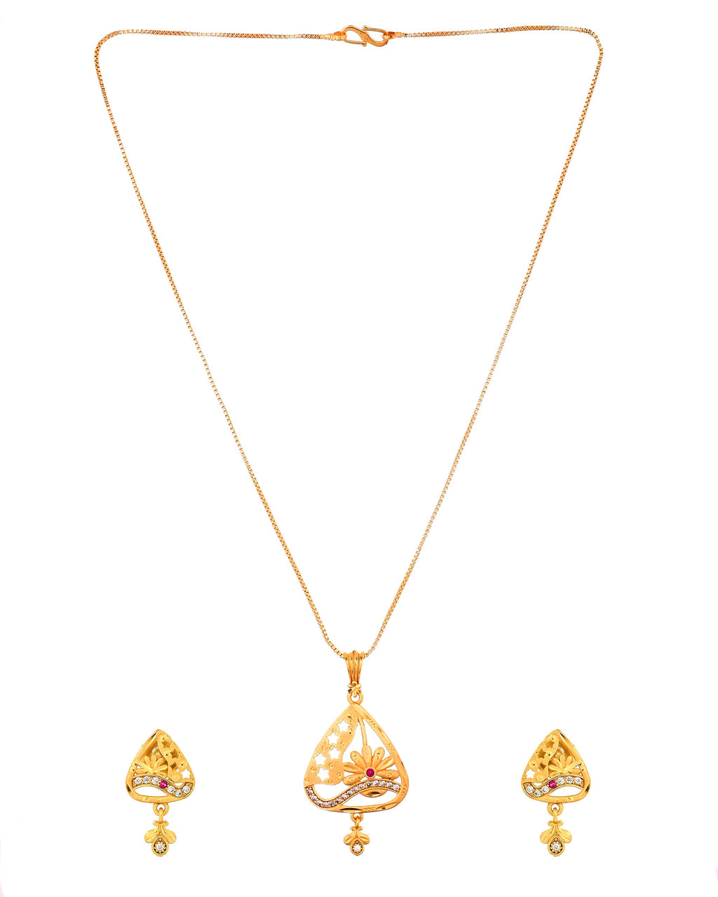 VOJ Gold Plated Floral Design Triangular Pendant With Chain And Earrings Set | Grocsy