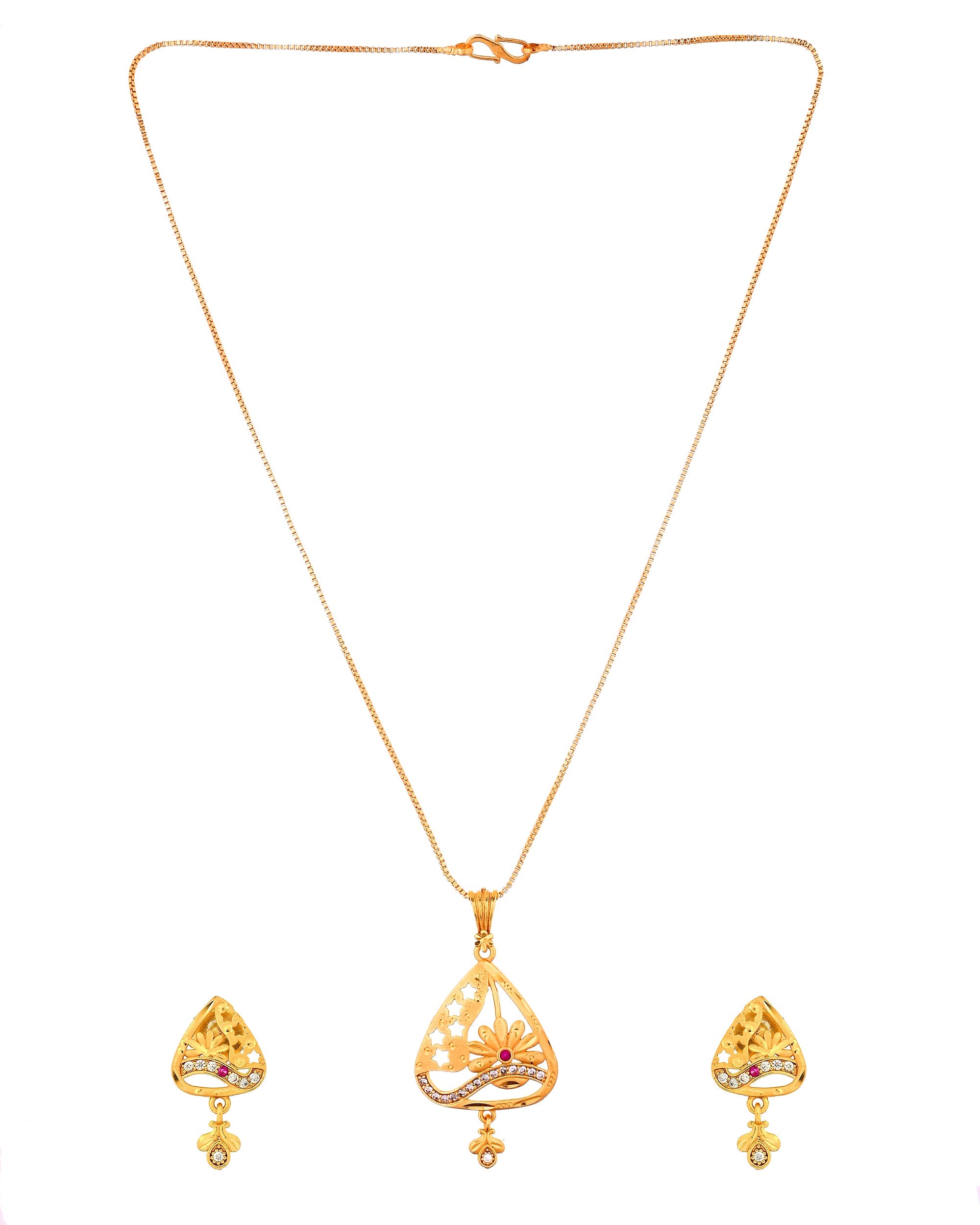 VOJ Gold Plated Floral Design Triangular Pendant With Chain And Earrings Set | Grocsy