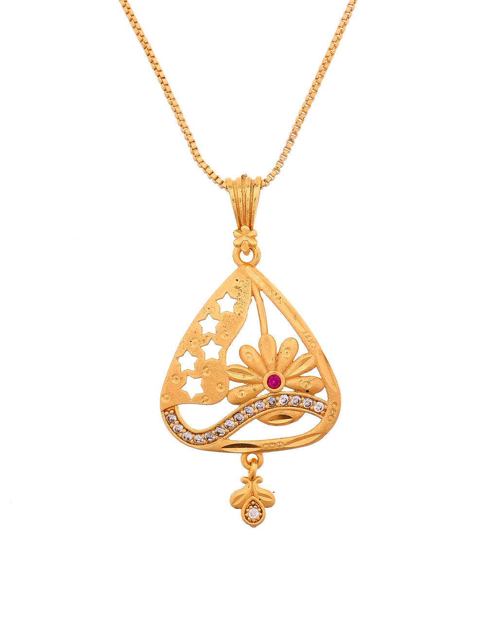 VOJ Gold Plated Floral Design Triangular Pendant With Chain And Earrings Set | Grocsy