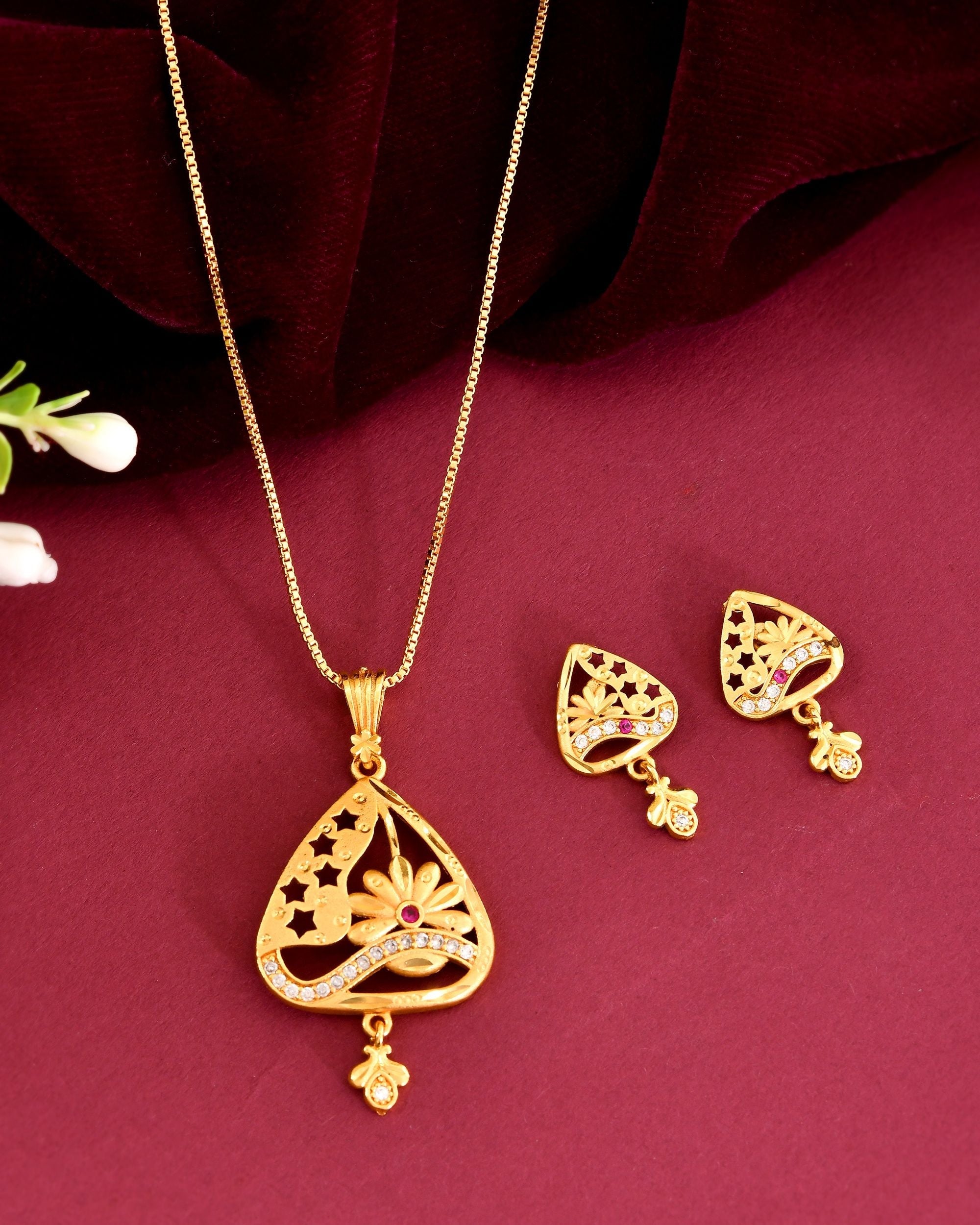 VOJ Gold Plated Floral Design Triangular Pendant With Chain And Earrings Set | Grocsy