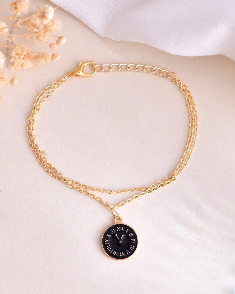 VOJ Gold-Polished Black Clock Charm Bracelet | Grocsy