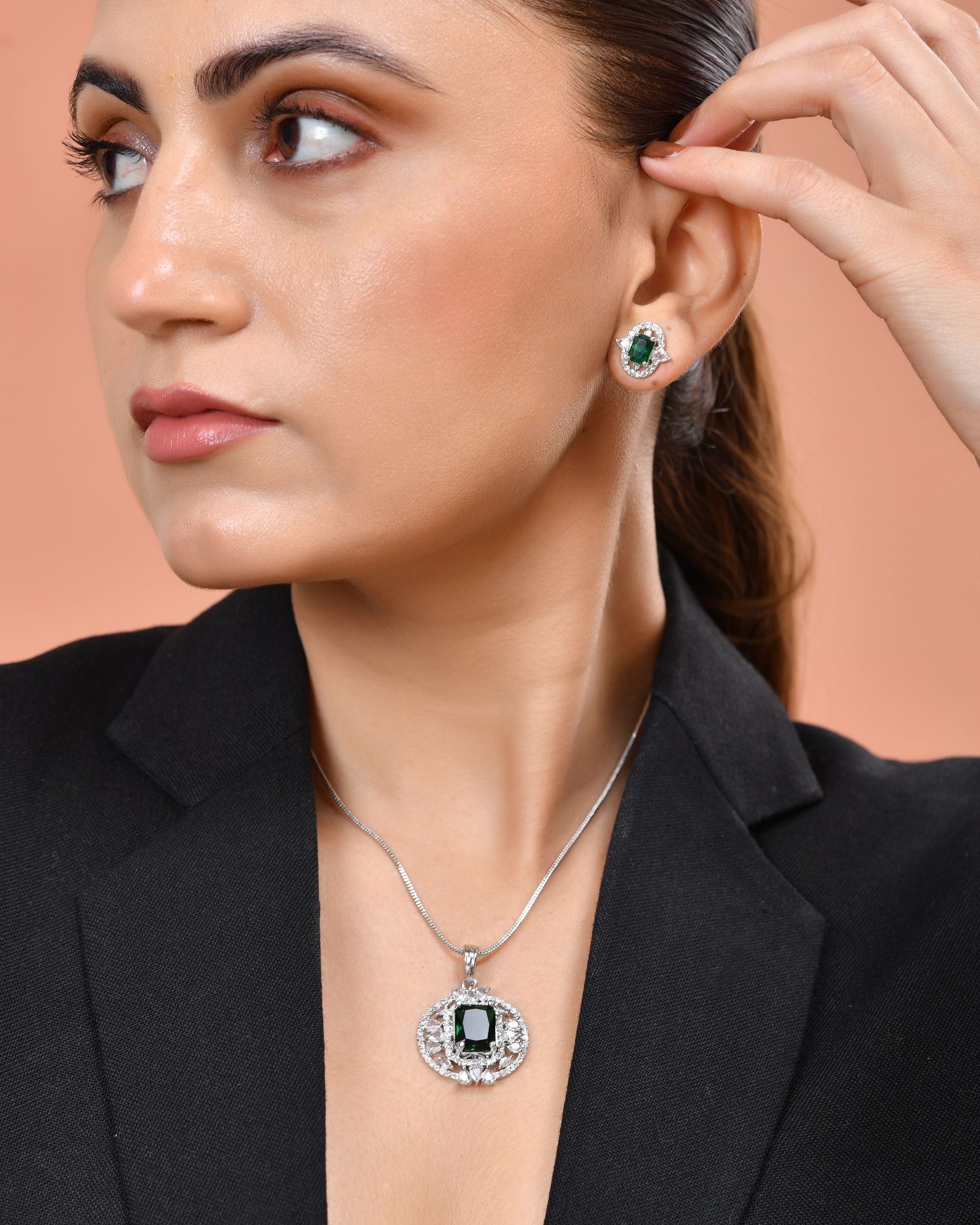 VOJ Silver Tone Blue Rectangular And Ad Stone Studded Chain Set | Grocsy