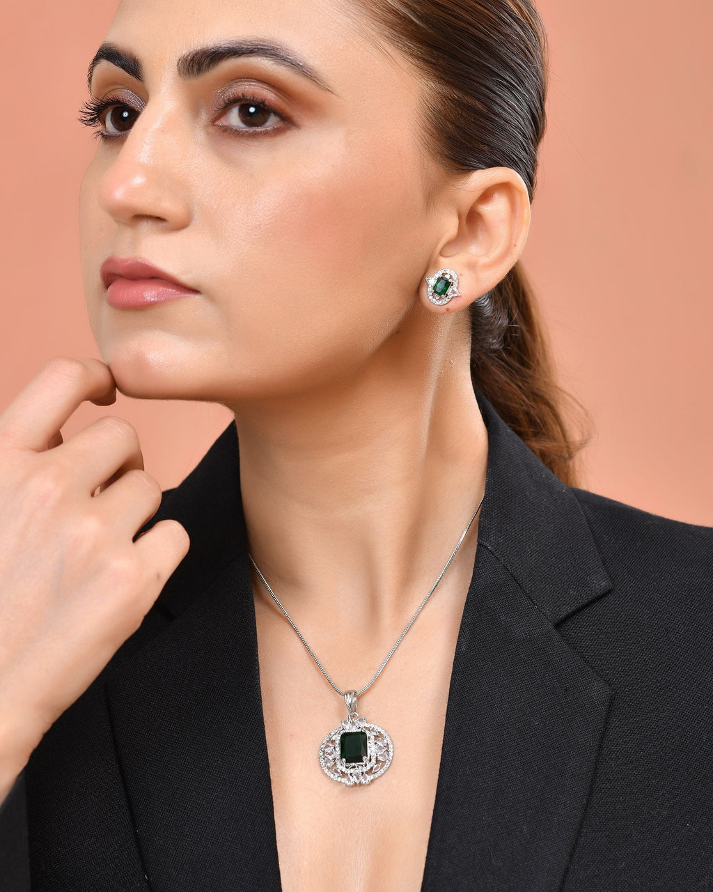 VOJ Silver Tone Blue Rectangular And Ad Stone Studded Chain Set | Grocsy