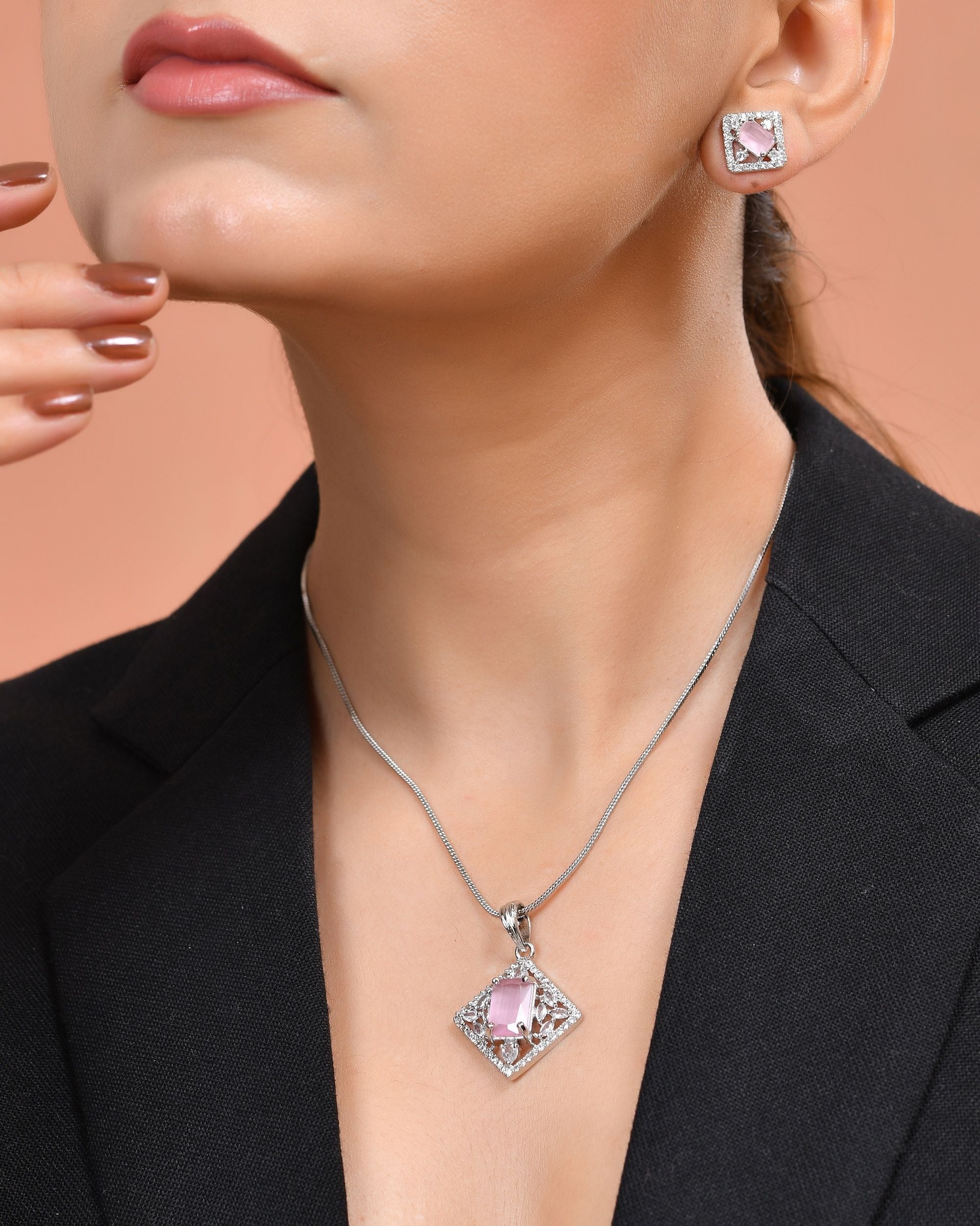 VOJ Silver Plated Baby Pink Rectangular Stone Square Pendant With Chain Set | Grocsy
