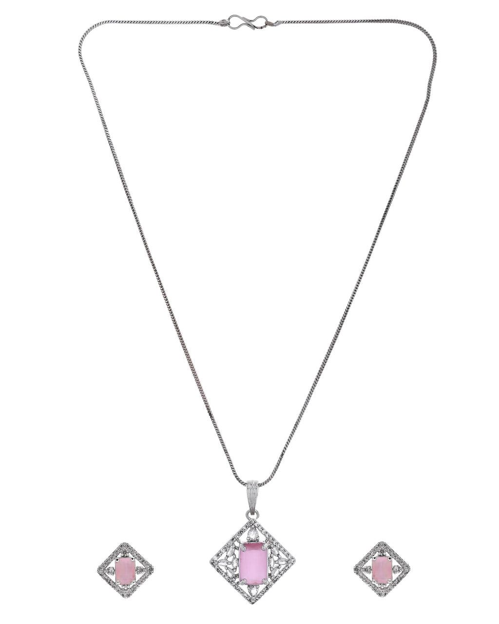 VOJ Silver Plated Baby Pink Rectangular Stone Square Pendant With Chain Set | Grocsy