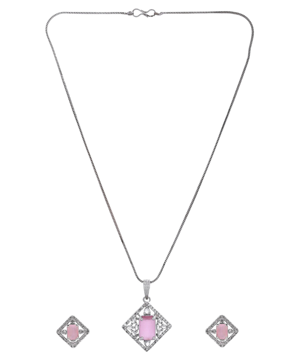 VOJ Silver Plated Baby Pink Rectangular Stone Square Pendant With Chain Set | Grocsy