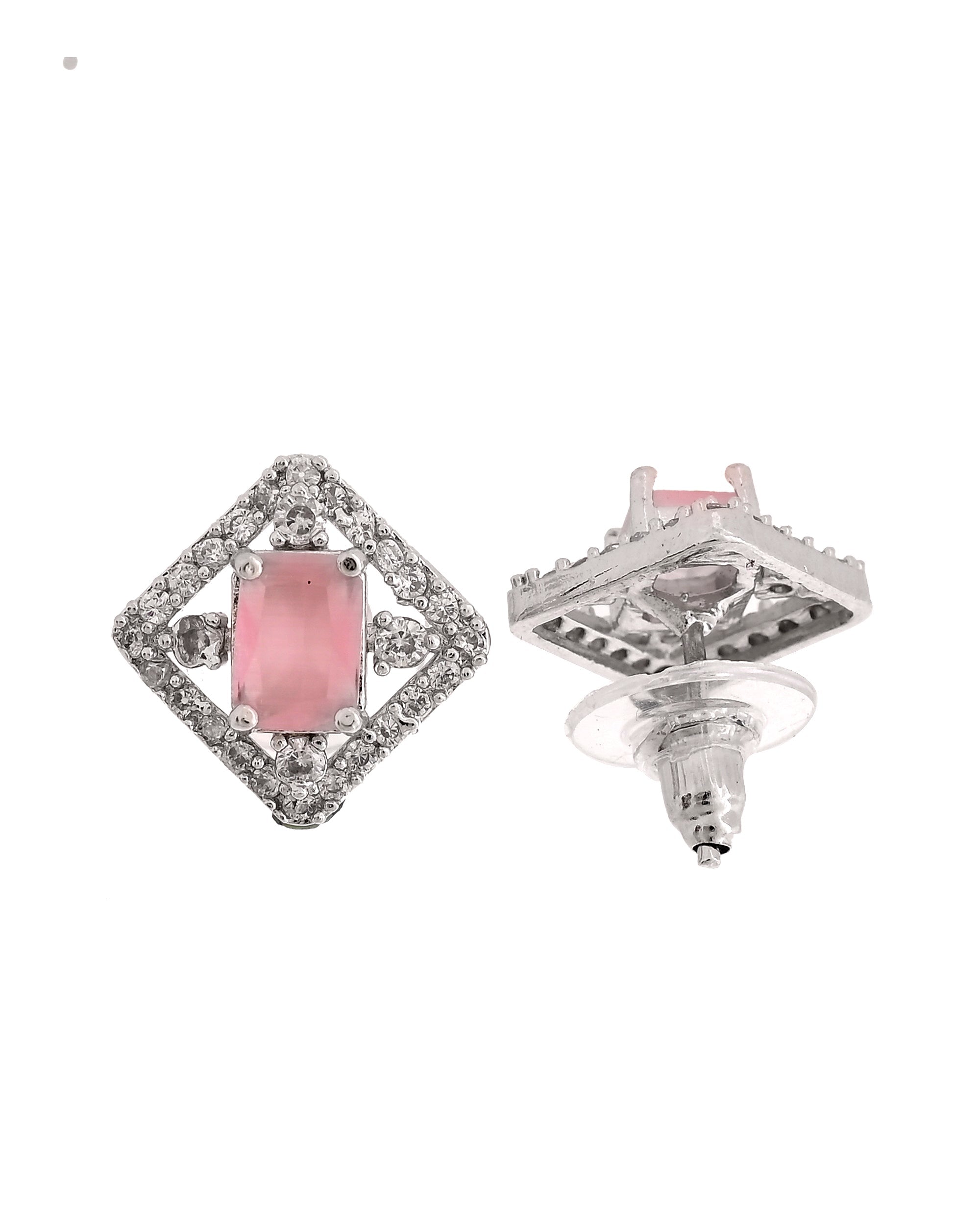 VOJ Silver Plated Baby Pink Rectangular Stone Square Pendant With Chain Set | Grocsy