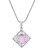 VOJ Silver Plated Baby Pink Rectangular Stone Square Pendant With Chain Set | Grocsy